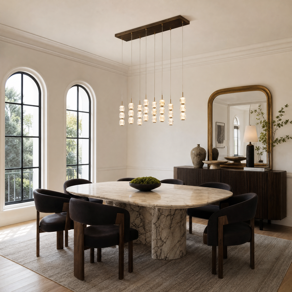 Modern Pendant Light Brushed Brass Clear Crystal 31.5" L for Dining Room