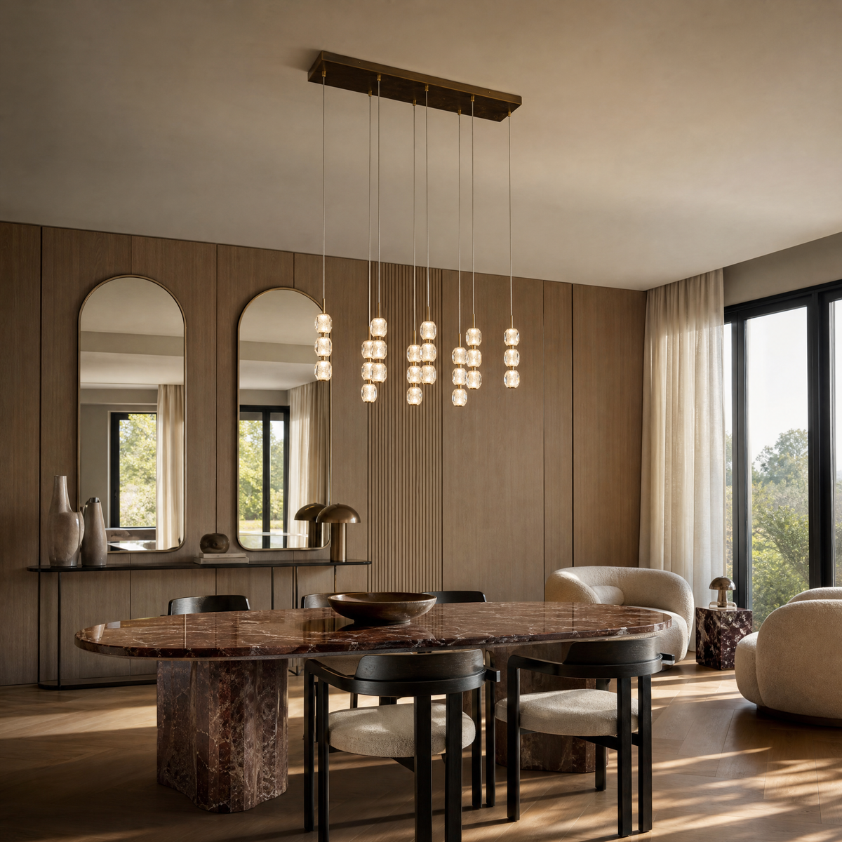 Modern Pendant Light Brushed Brass Clear Crystal 31.5" L for Dining Room