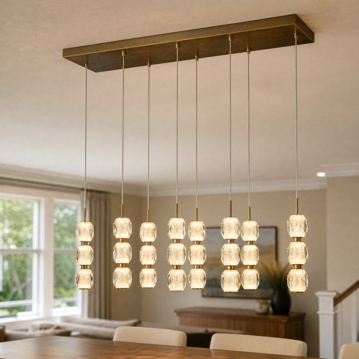Modern Pendant Light Brushed Brass Clear Crystal 31.5" L for Dining Room