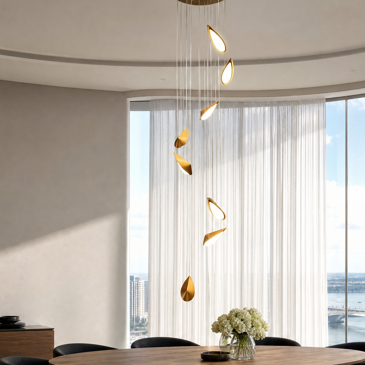 Modern Pendant Light Deep Gold Metal and Acrylic 9-Light for Staircase
