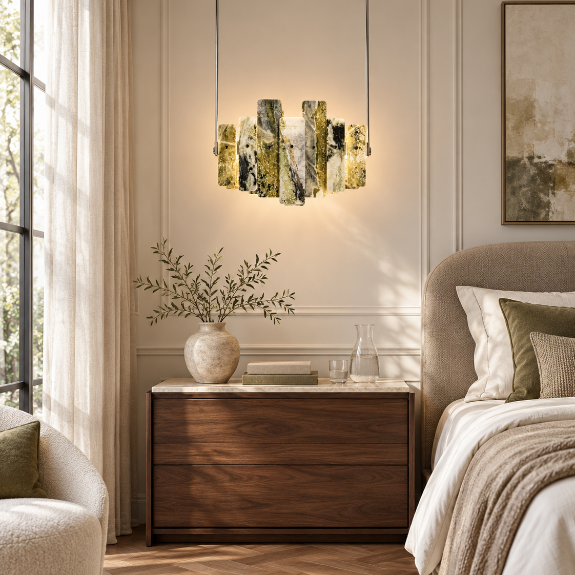 Modern Pendant Light Natural Stone Metal Chrome L27.6" for Kitchen Dining Room