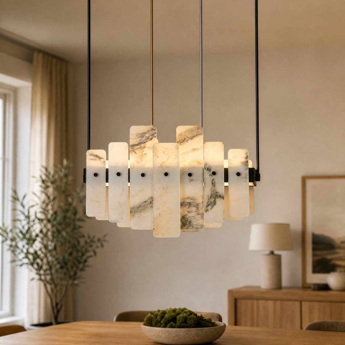 Modern Pendant Light Stone-Look Metal Chrome L27.6" for Kitchen Dining Room
