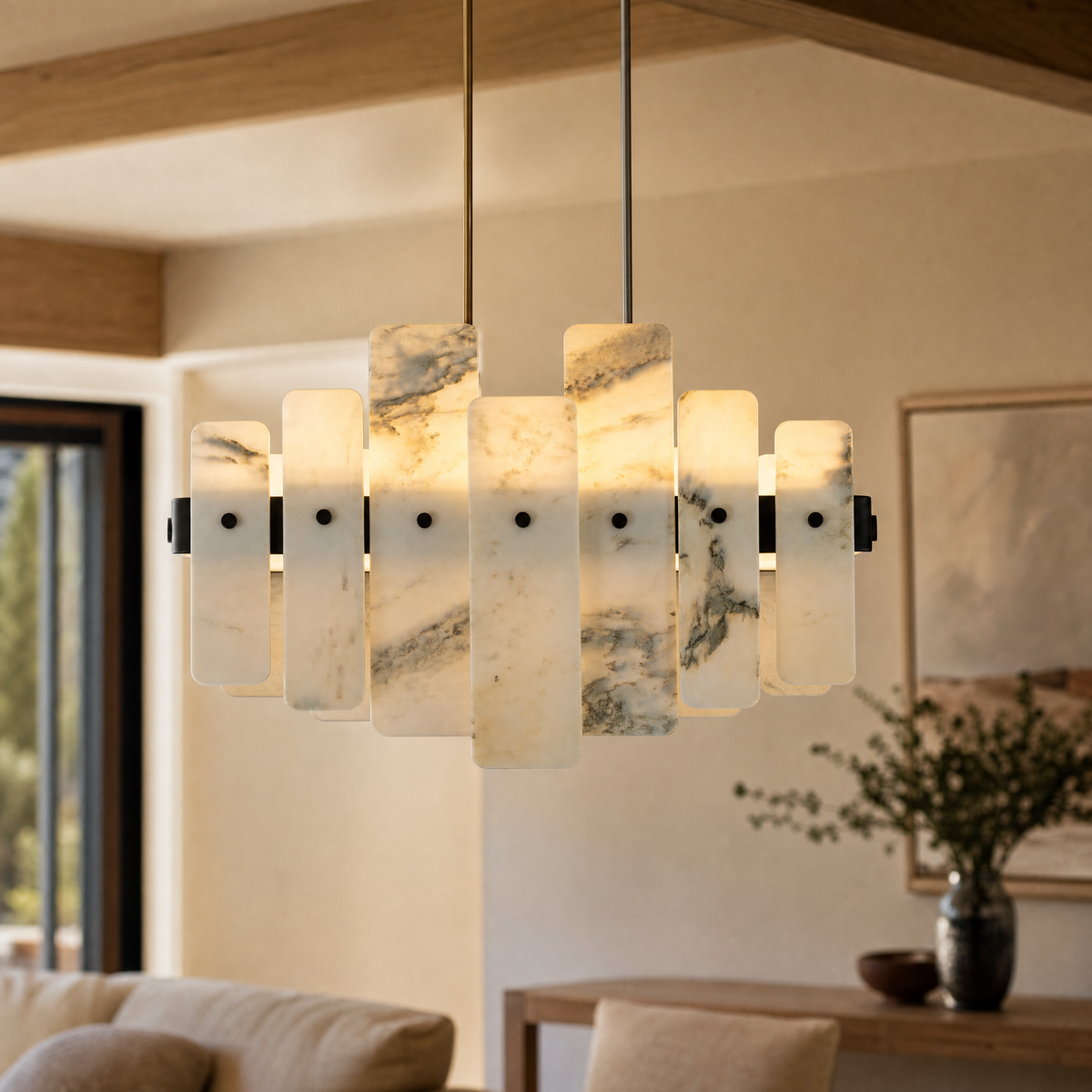 Modern Pendant Light Stone-Look Metal Chrome L27.6" for Kitchen Dining Room