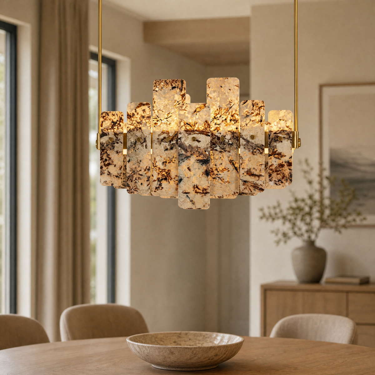 Modern Pendant Light Stone-Look Metal Chrome L27.6" for Kitchen Dining Room