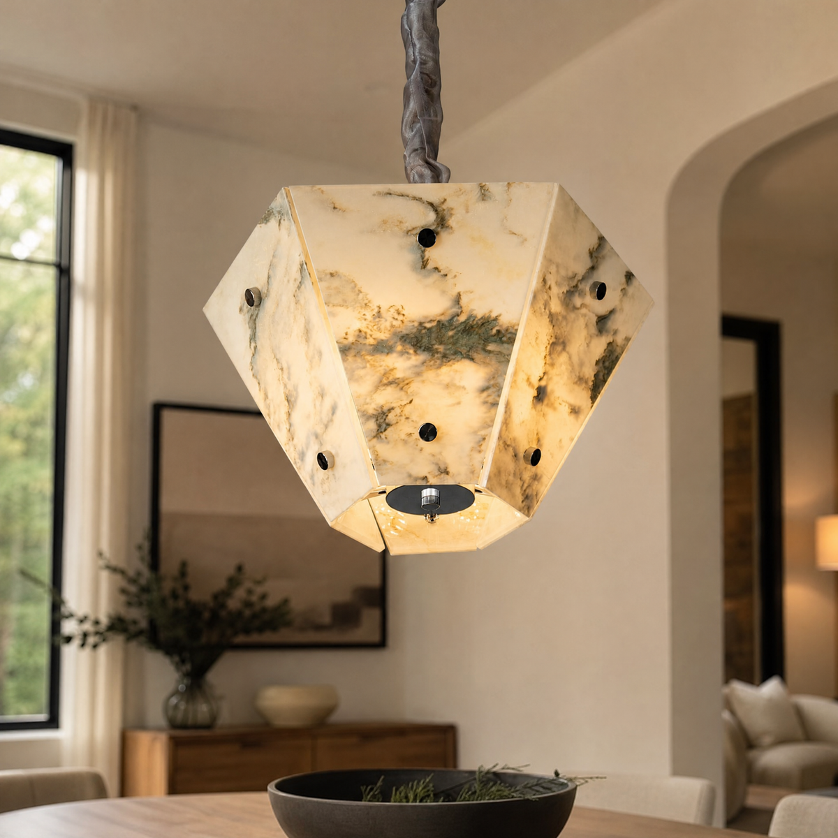Modern Pendant Light Stone-Look Metal Panels Ø15.7" for Kitchen Dining Room