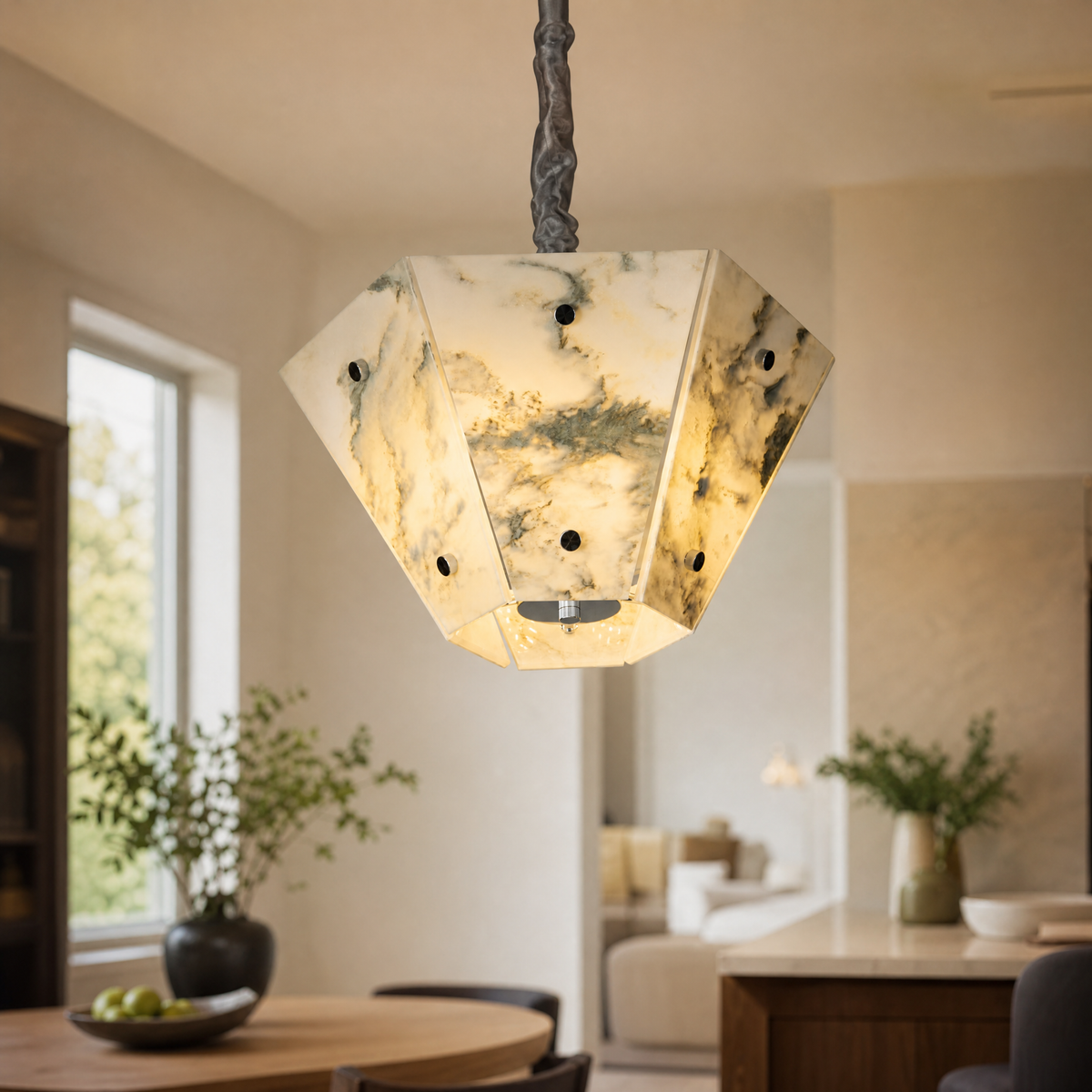 Modern Pendant Light Stone-Look Metal Panels Ø15.7" for Kitchen Dining Room
