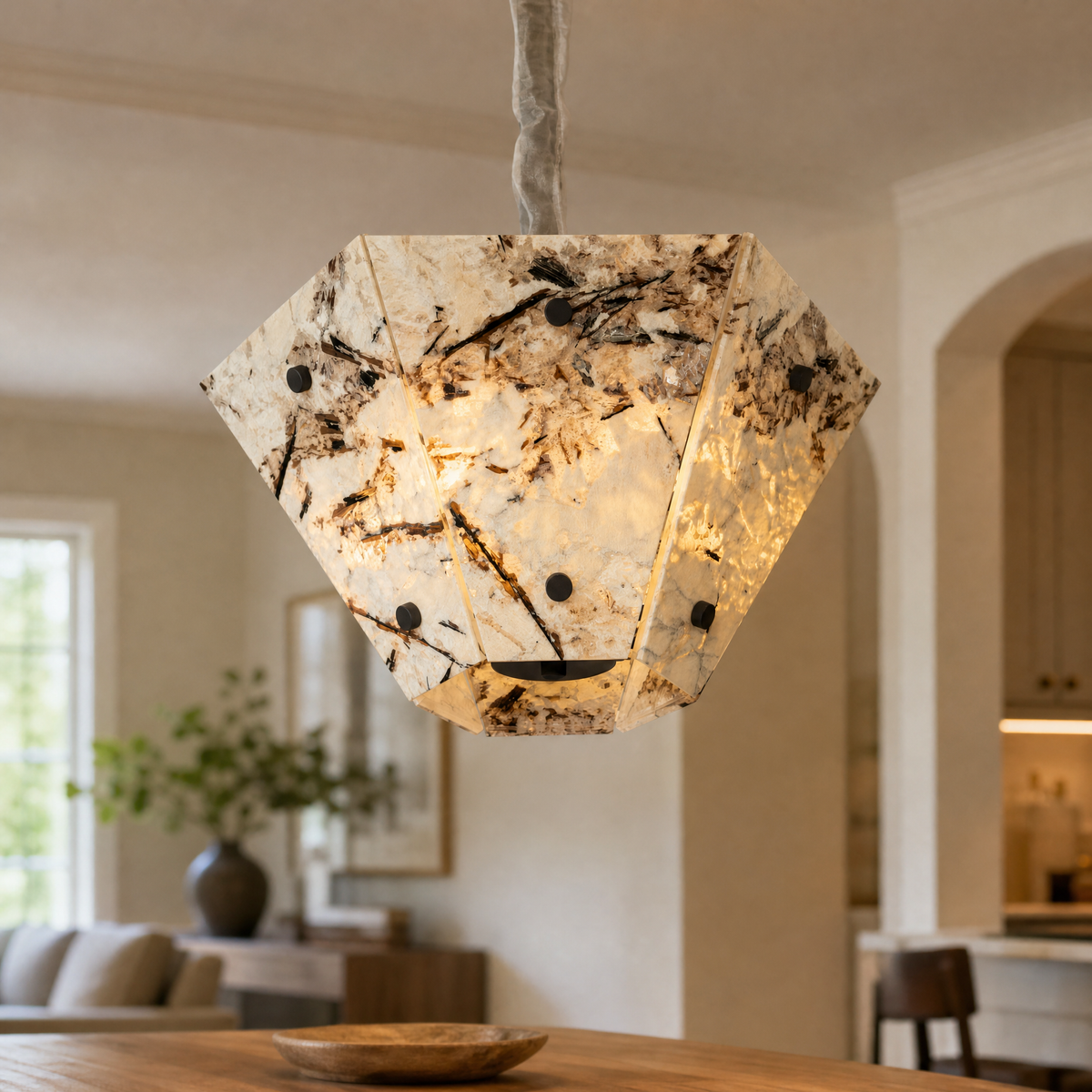 Modern Pendant Light Stone-Look Metal Panels Ø15.7" for Kitchen Dining Room