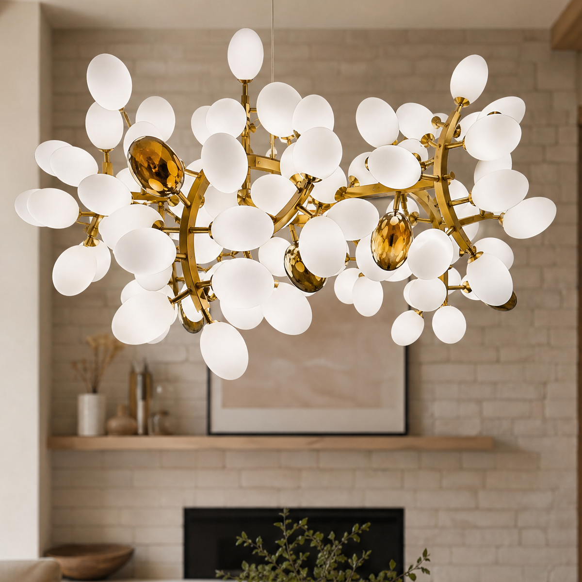 Modern Round Chandelier Grape Cluster Brass Metal Frosted Glass for Dining Room Living Room