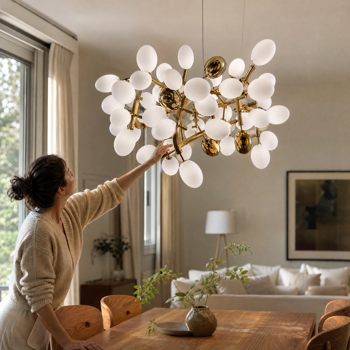 Modern Round Chandelier Grape Cluster Brass Metal Frosted Glass for Dining Room Living Room
