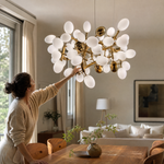 Modern Round Chandelier Grape Cluster Brass Metal Frosted Glass for Dining Room Living Room