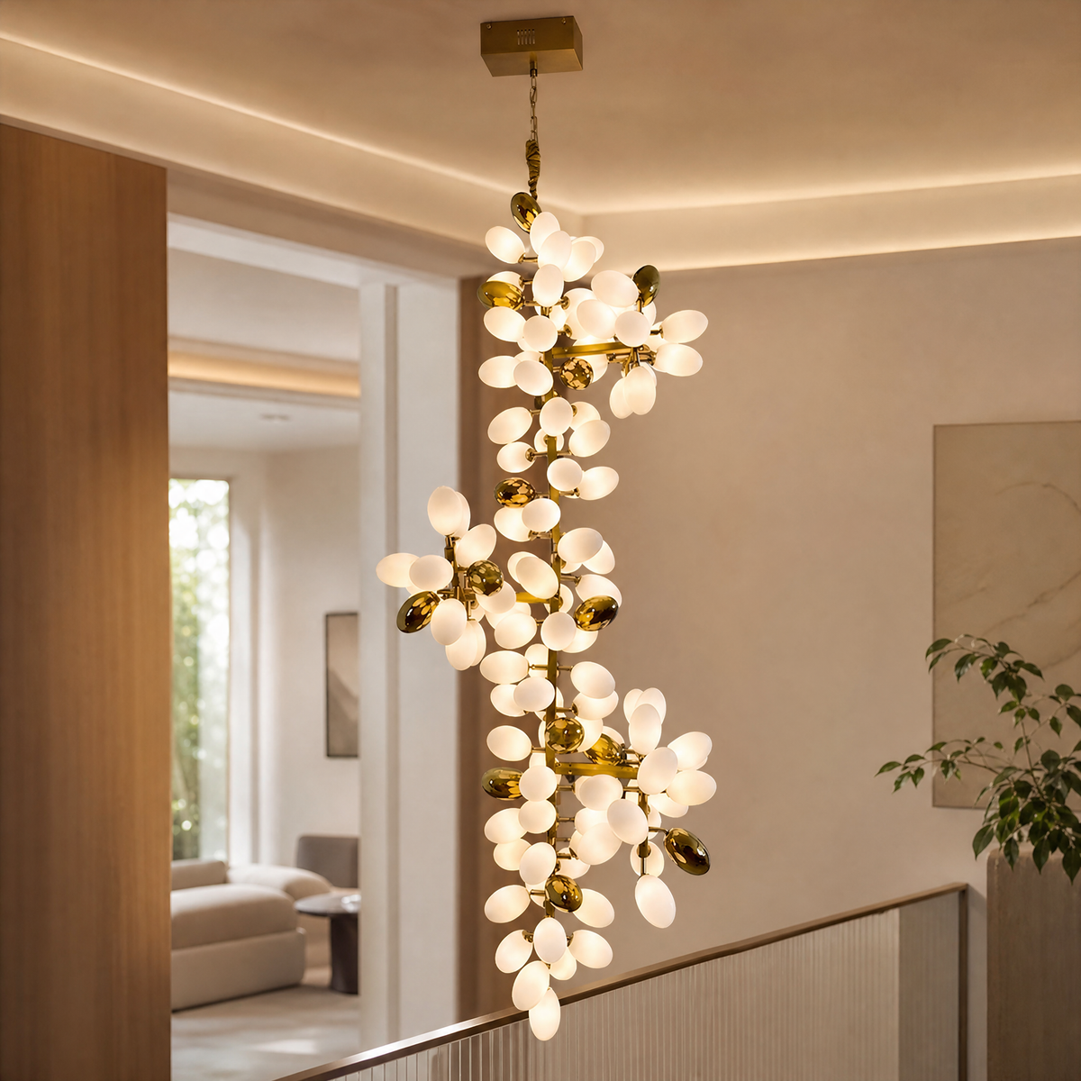 Modern Spiral Chandelier Grape Cluster Brass Metal Frosted Glass for Foyer Staircase