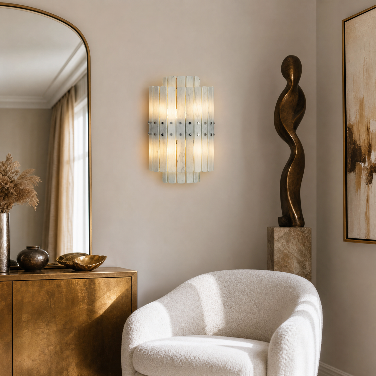 Modern Wall Sconce Green Natural Stone Gold Metal W11.8" for Hallway Bedroom