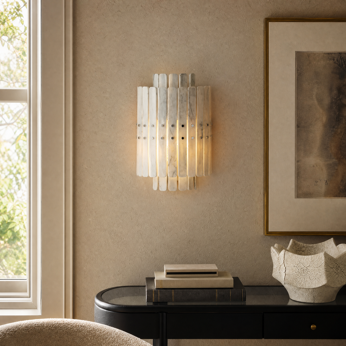 Modern Wall Sconce Green Natural Stone Gold Metal W11.8" for Hallway Bedroom