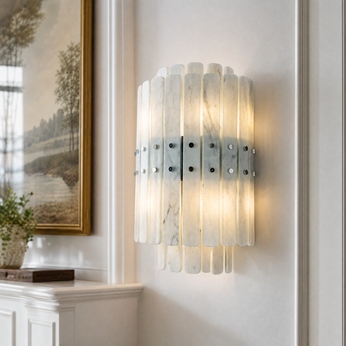 Modern Wall Sconce Green Natural Stone Gold Metal W11.8" for Hallway Bedroom