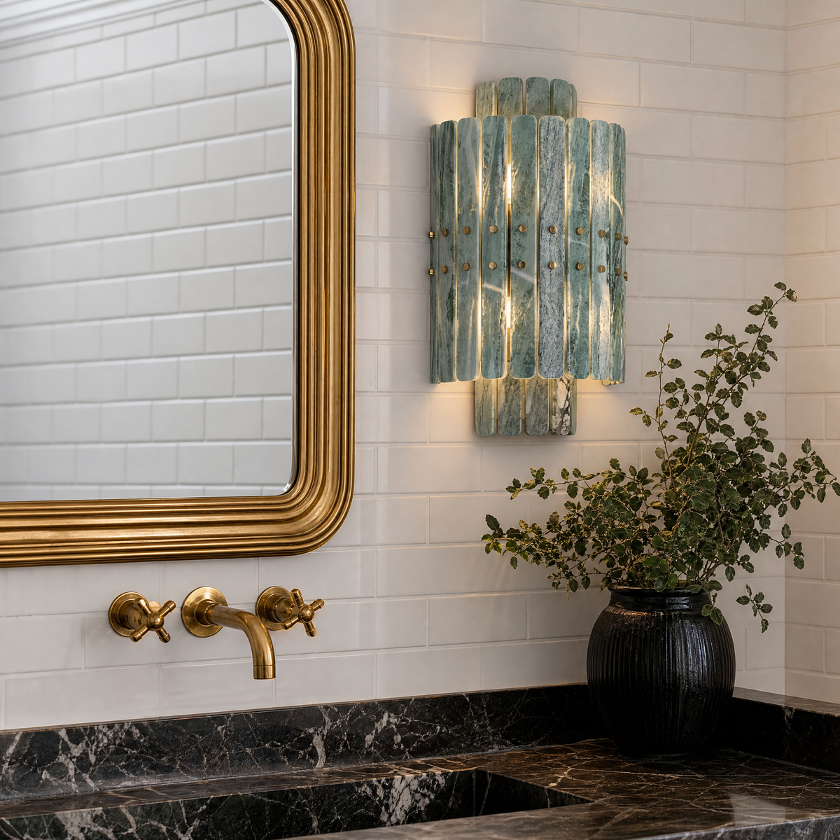 Modern Wall Sconce Green Natural Stone Gold Metal W11.8" for Hallway Bedroom