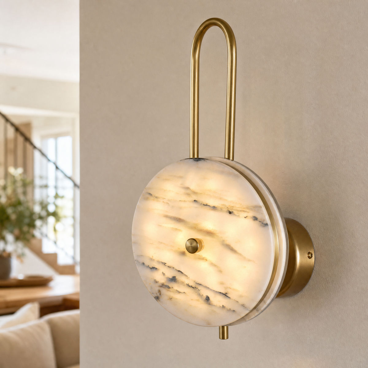 Modern Wall Sconce Natural Stone Gold Metal Ø6.7" for Hallway Bedroom