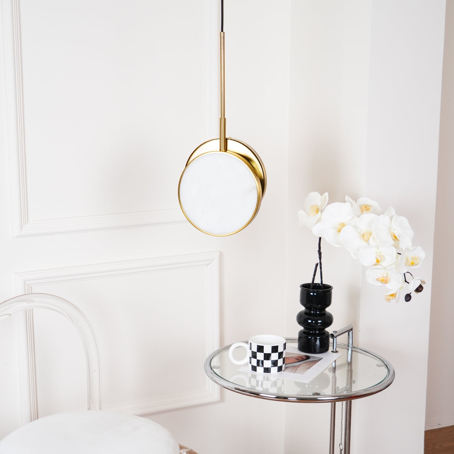 Luxurious Brass & Alabaster Moonshade Pendant Light – 8.7" Diameter
