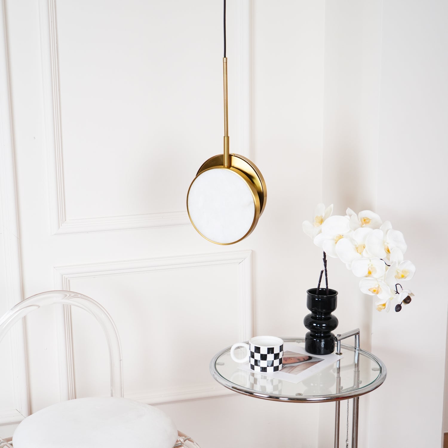 Luxurious Brass & Alabaster Moonshade Pendant Light – 8.7" Diameter