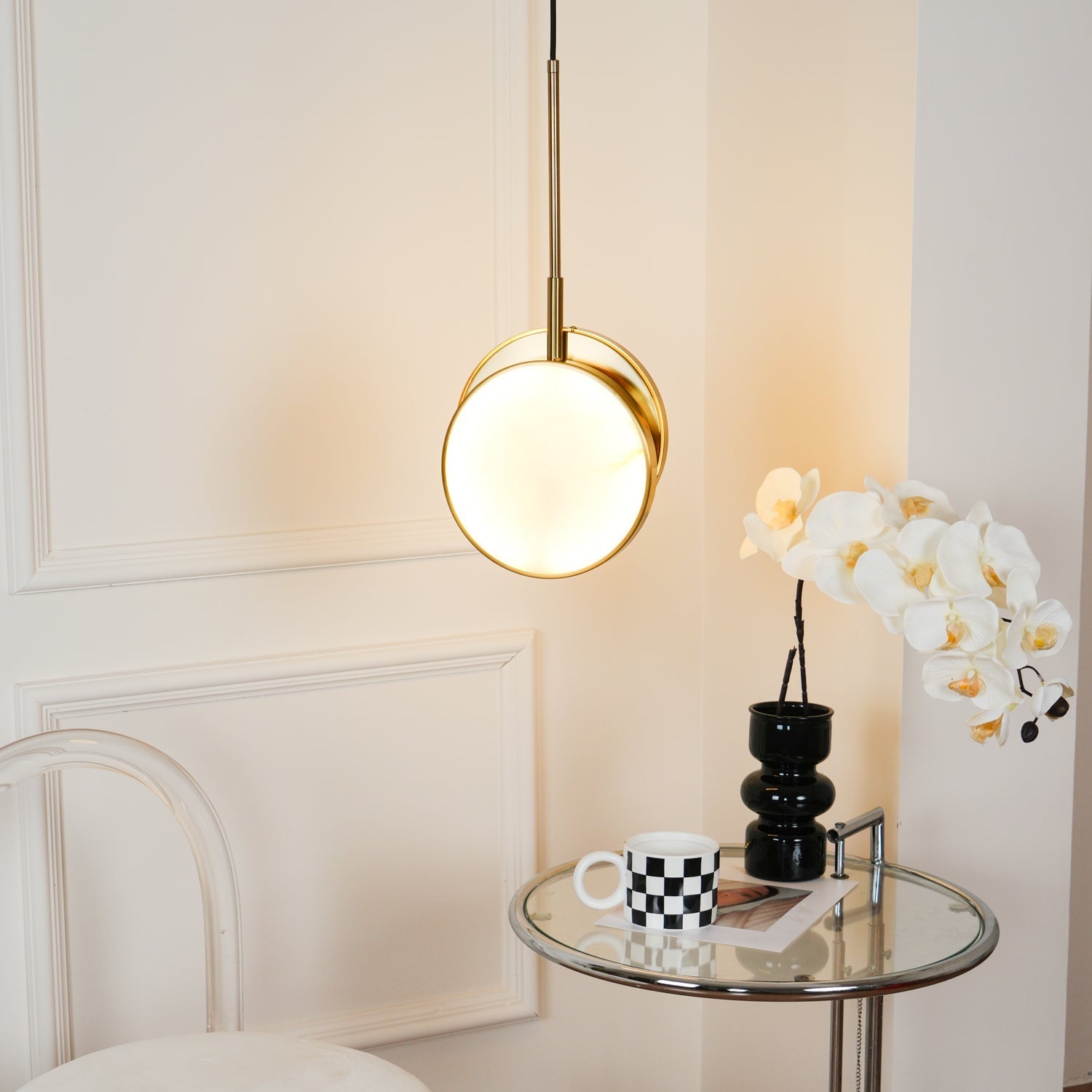Luxurious Brass & Alabaster Moonshade Pendant Light – 8.7" Diameter