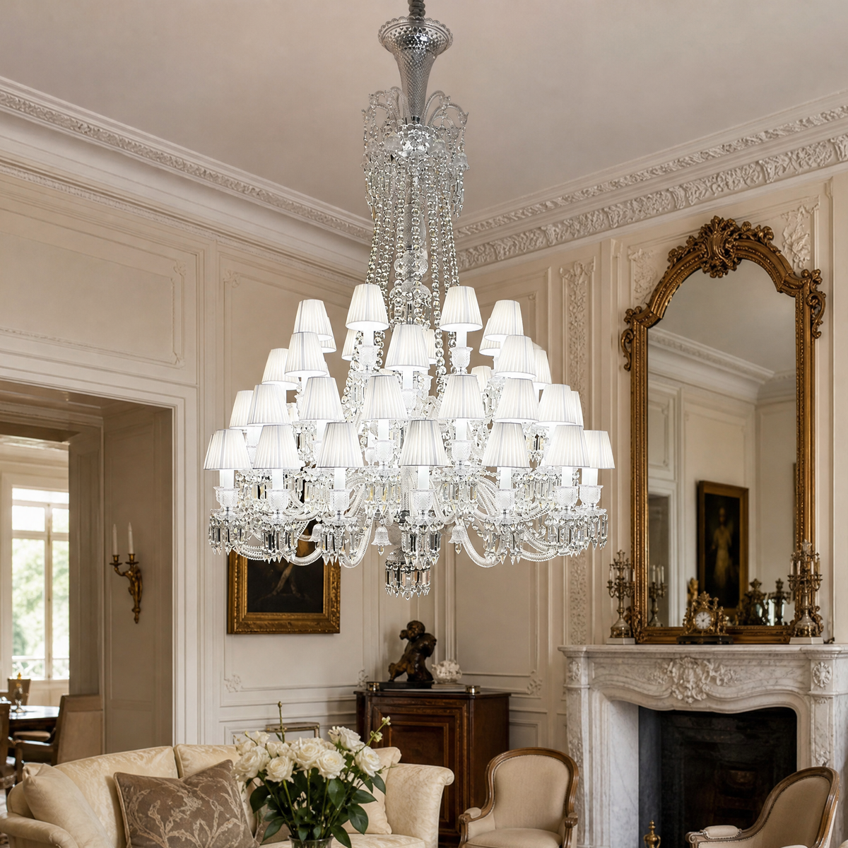 Multi-Tier White Pleated Shade Crystal Chandelier
