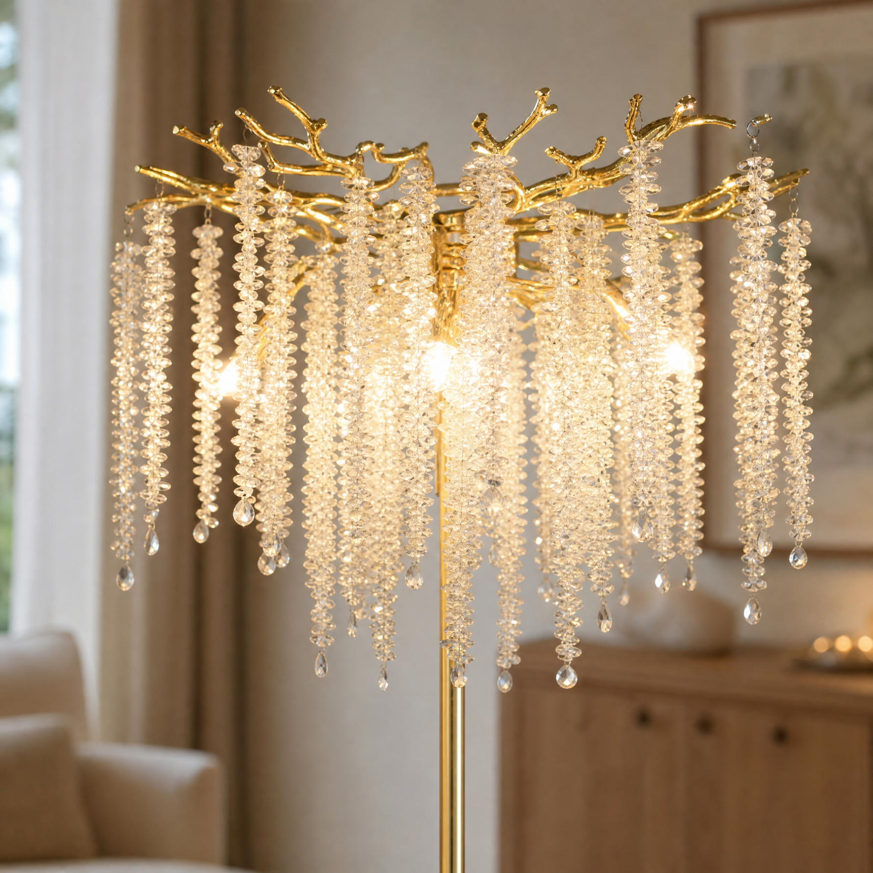 Octagon Bead String Branch Floor Lamp - Gold