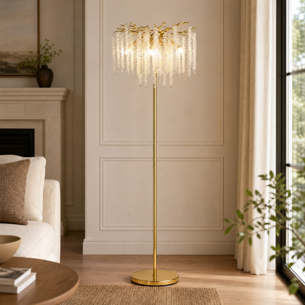 Octagon Bead String Branch Floor Lamp - Gold