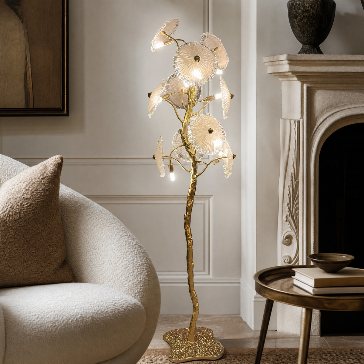 Organic Branch Brass Floor Lamp with Fluted Glass Petal Shades