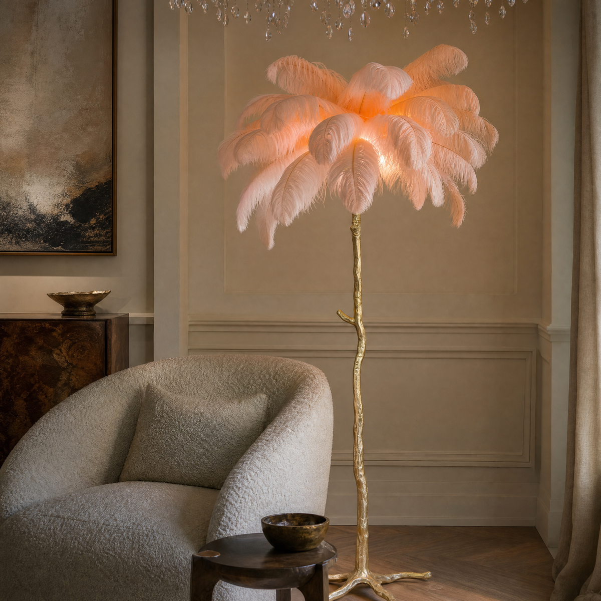 Ostrich Feather Floor Lamp with Gold Tree Trunk Base