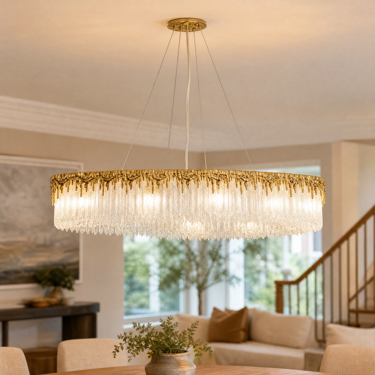 Oval Crystal Fringe Chandelier with Warm Gold Finish