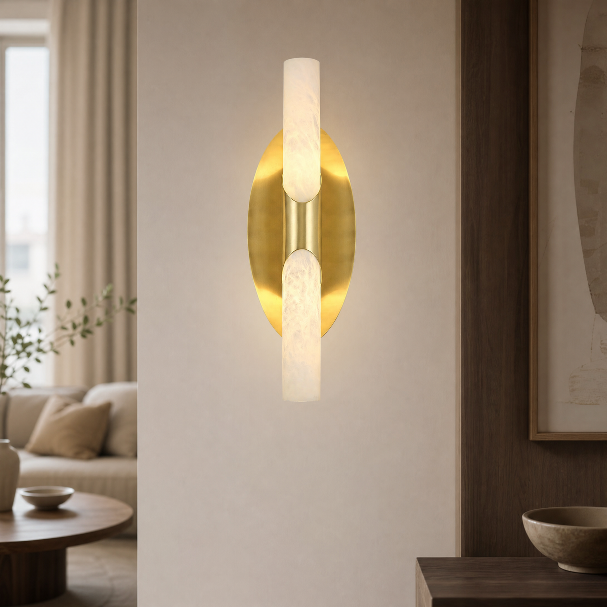 Oval Plate Duo Twin Opal Alabaster Wall Sconce