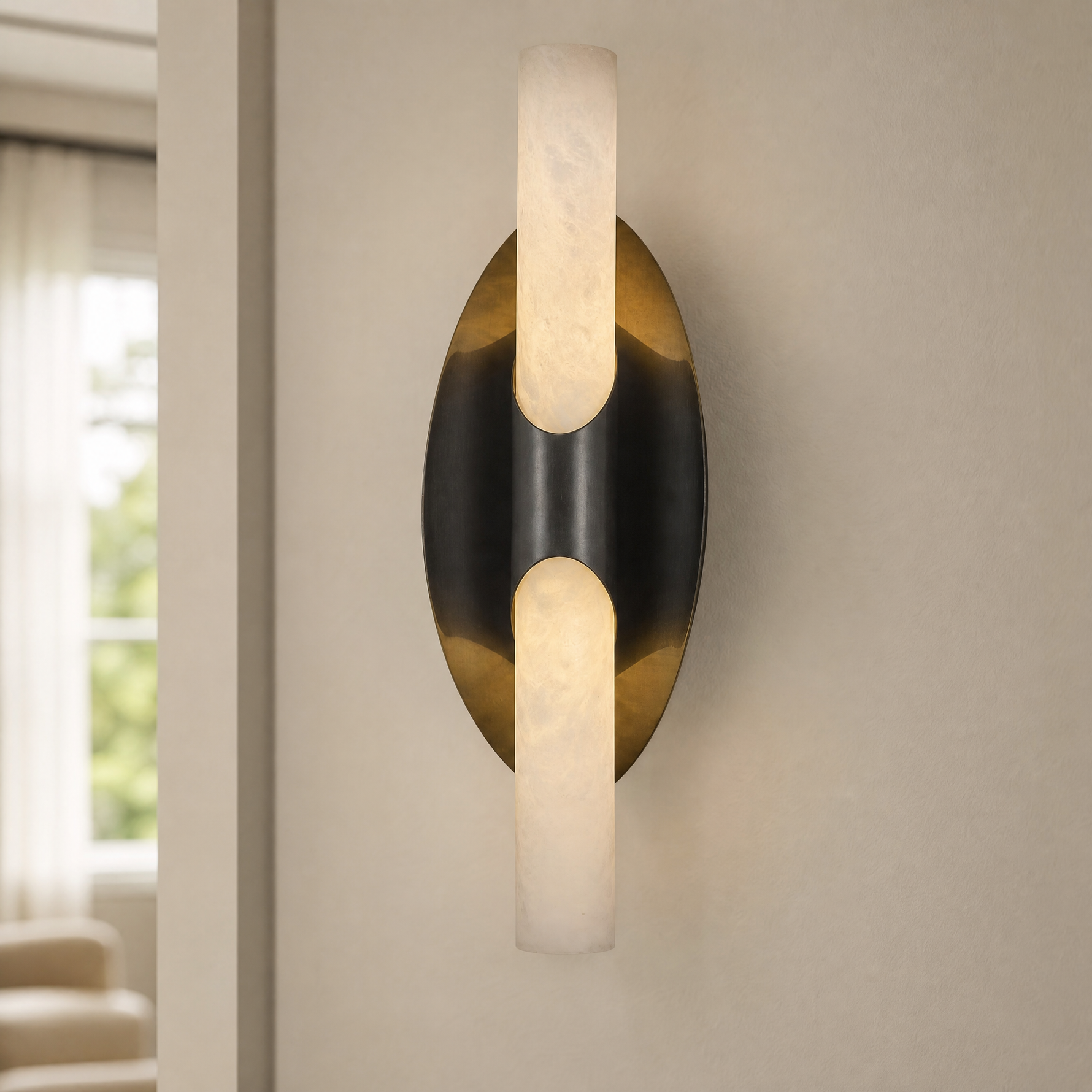 Oval Plate Duo Twin Opal Alabaster Wall Sconce