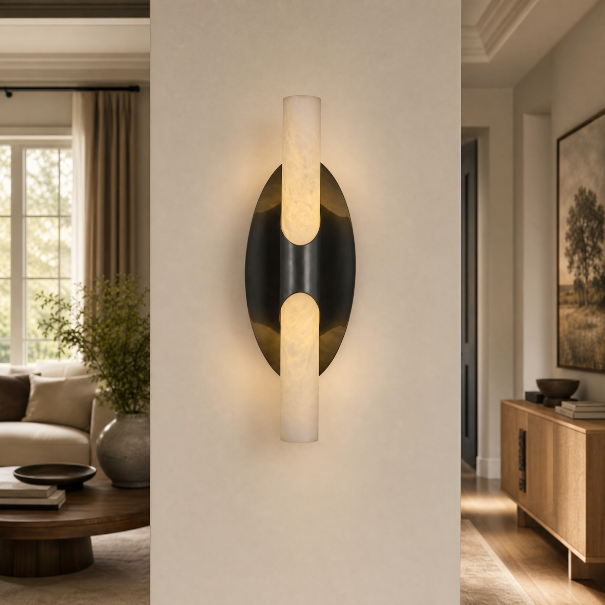 Oval Plate Duo Twin Opal Alabaster Wall Sconce