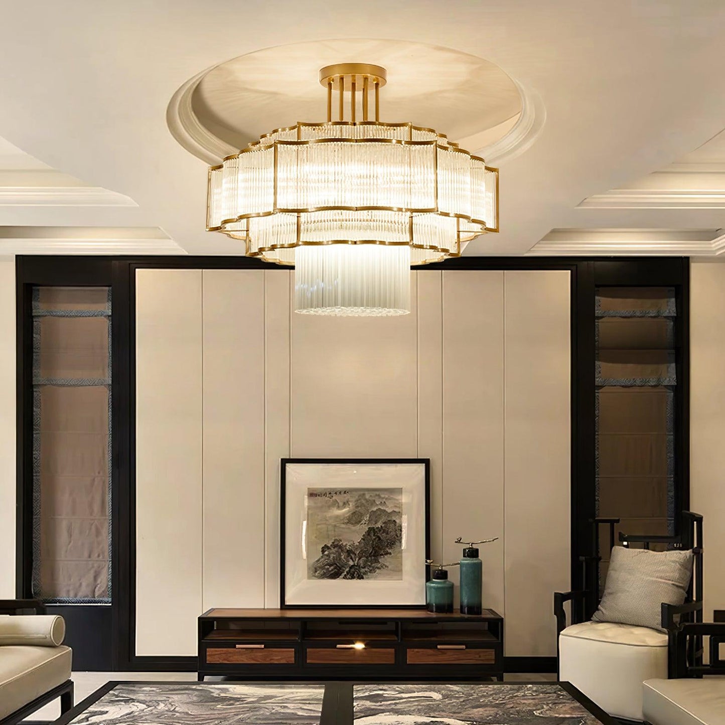 Pharo II Gold Black Crystal Chandelier with Tiered Glass Design