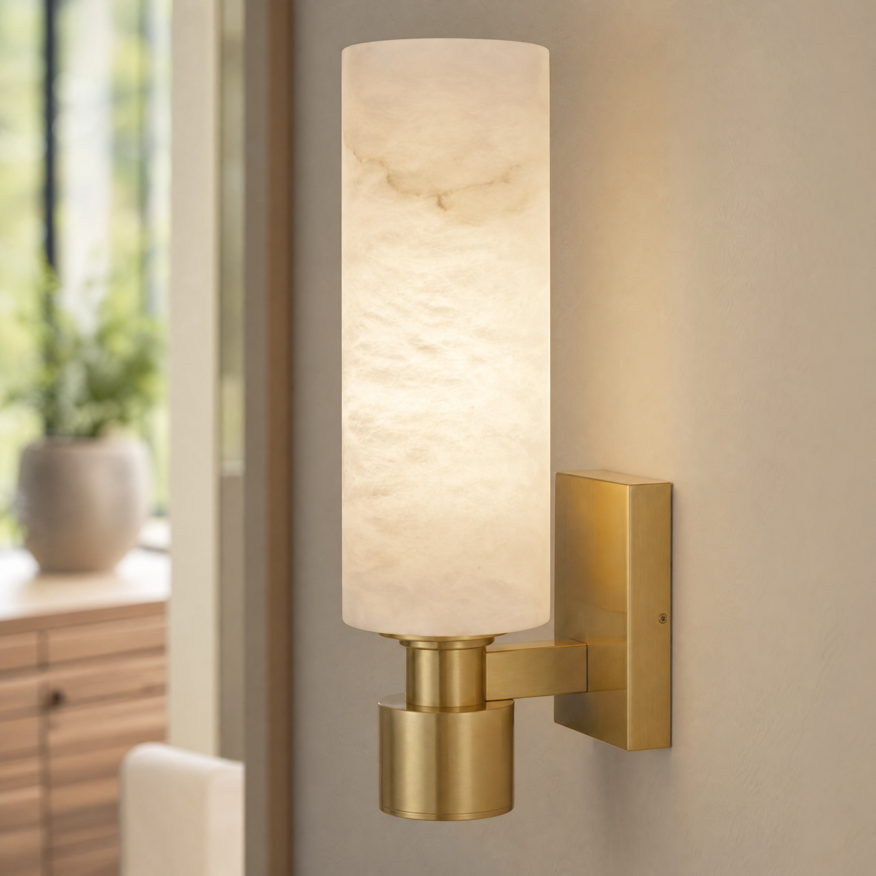 Pillar Light Tall Column Alabaster Brass Wall Sconce