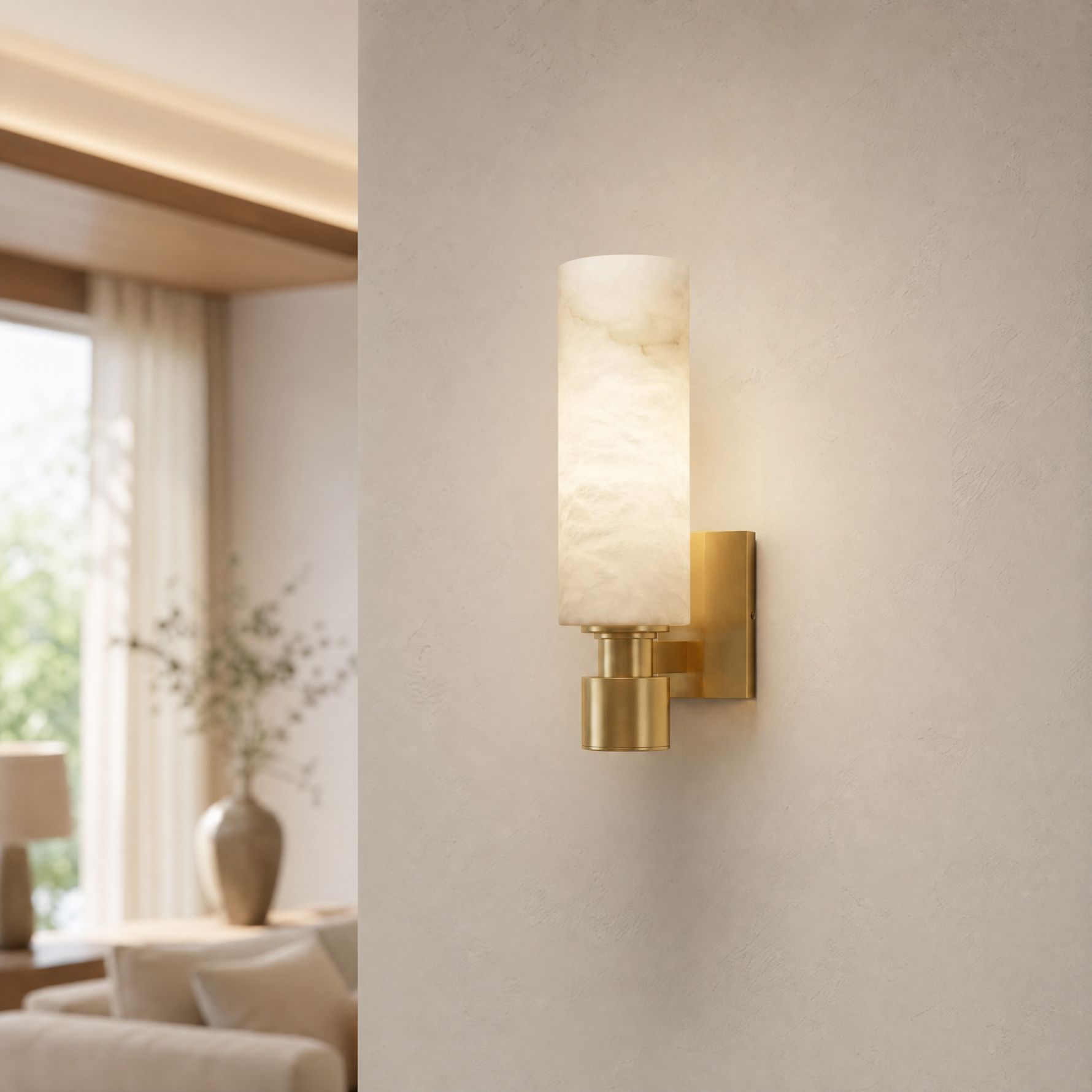 Pillar Light Tall Column Alabaster Brass Wall Sconce