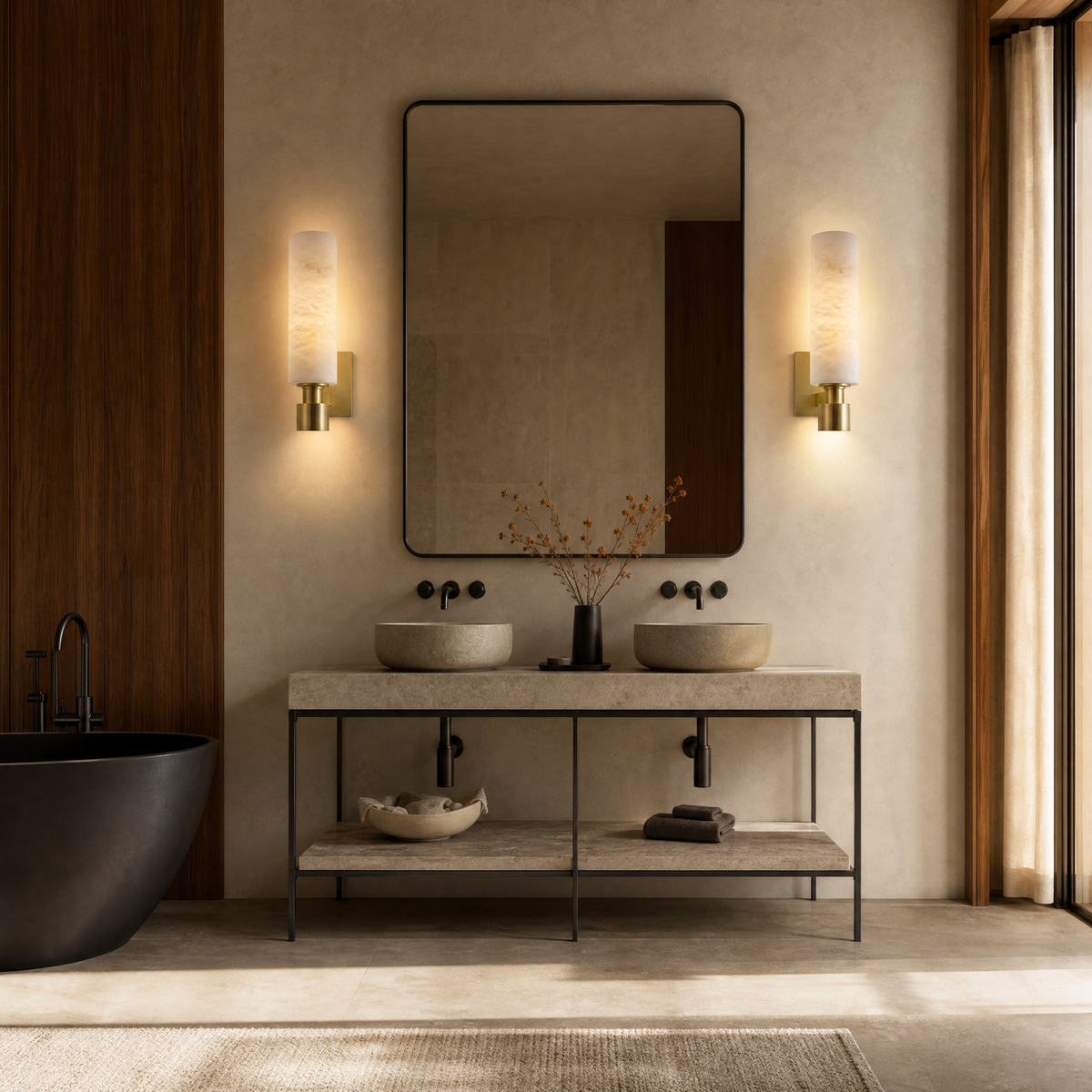 Pillar Light Tall Column Alabaster Brass Wall Sconce
