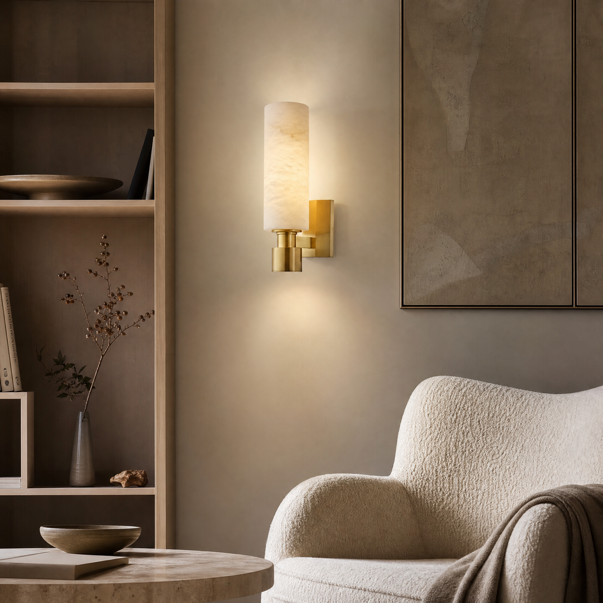 Pillar Light Tall Column Alabaster Brass Wall Sconce