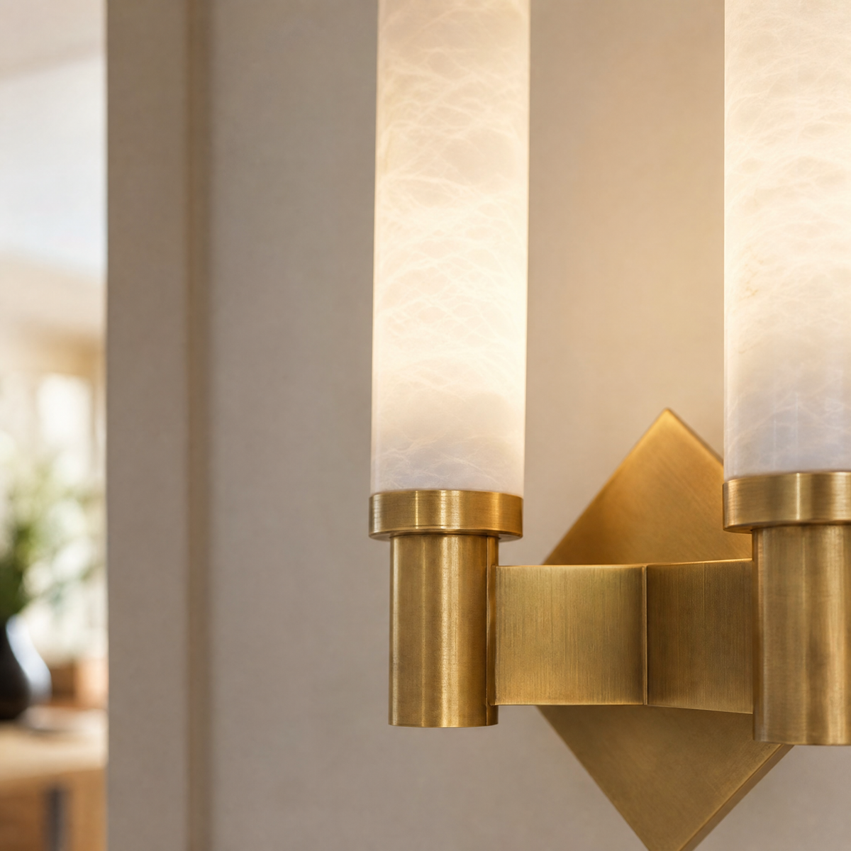 Pillar Light Twin Column Alabaster Brass Wall Sconce