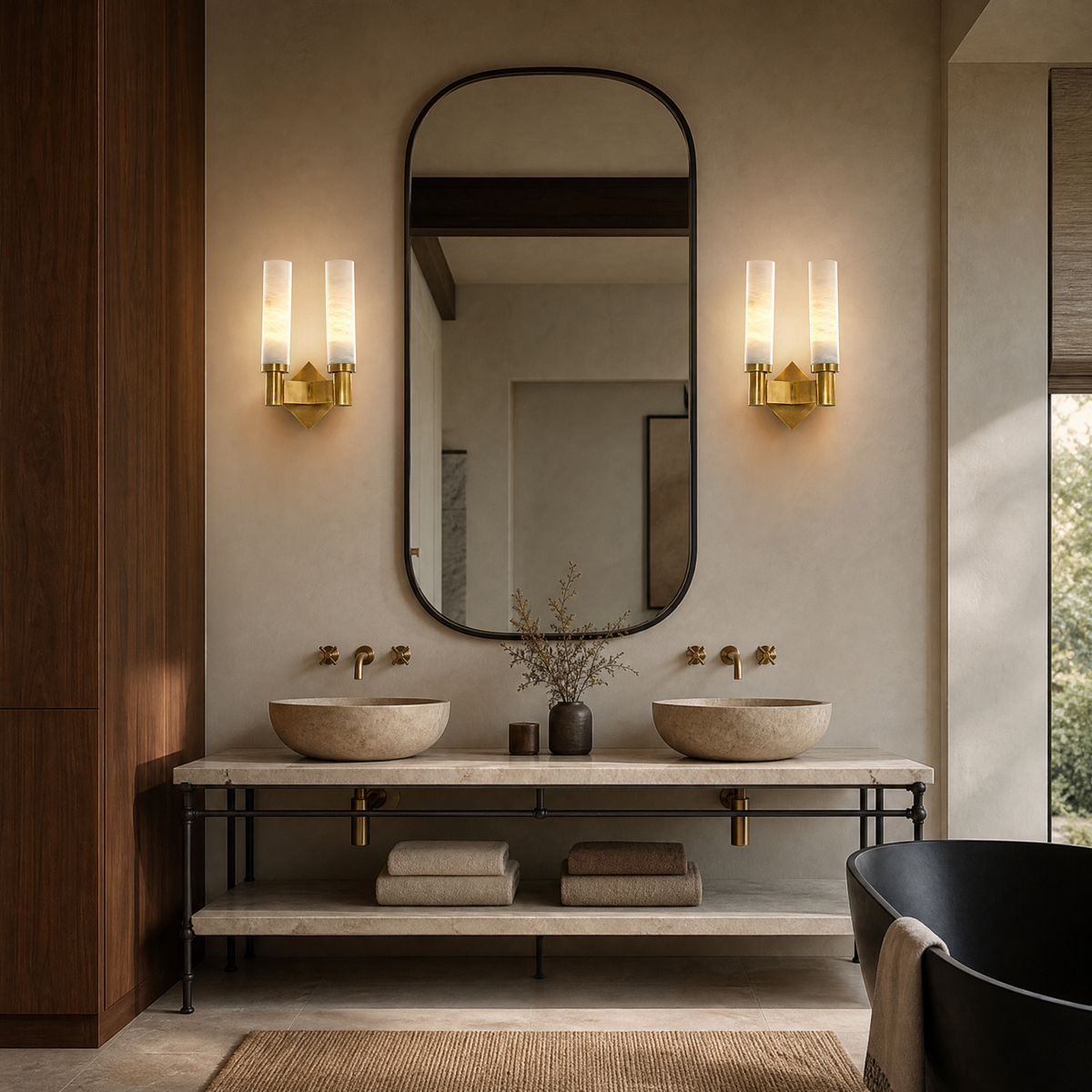 Pillar Light Twin Column Alabaster Brass Wall Sconce