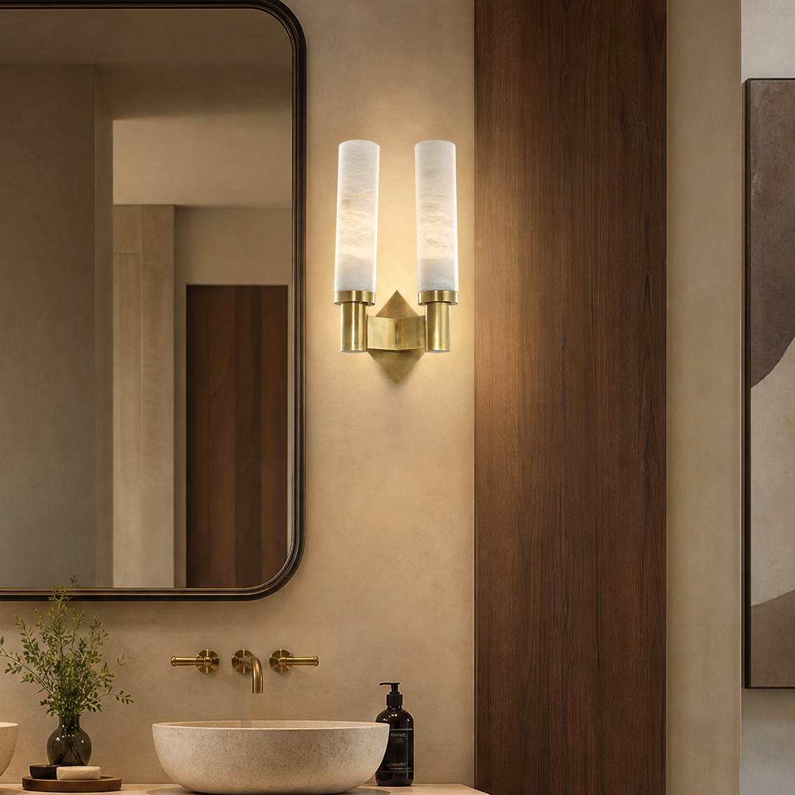 Pillar Light Twin Column Alabaster Brass Wall Sconce