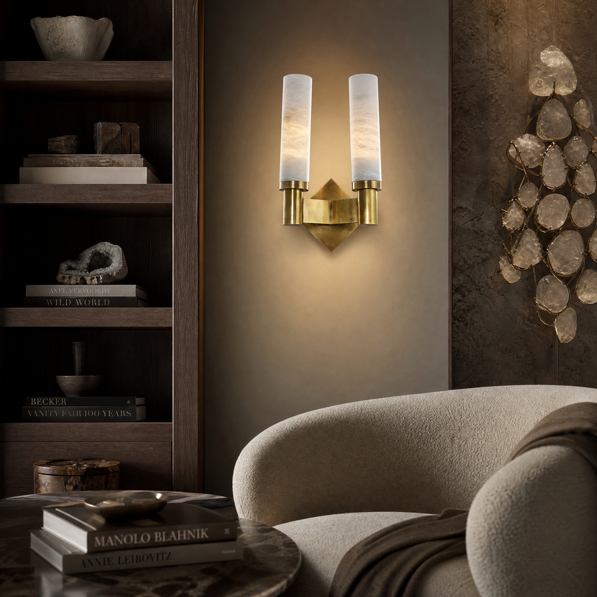 Pillar Light Twin Column Alabaster Brass Wall Sconce