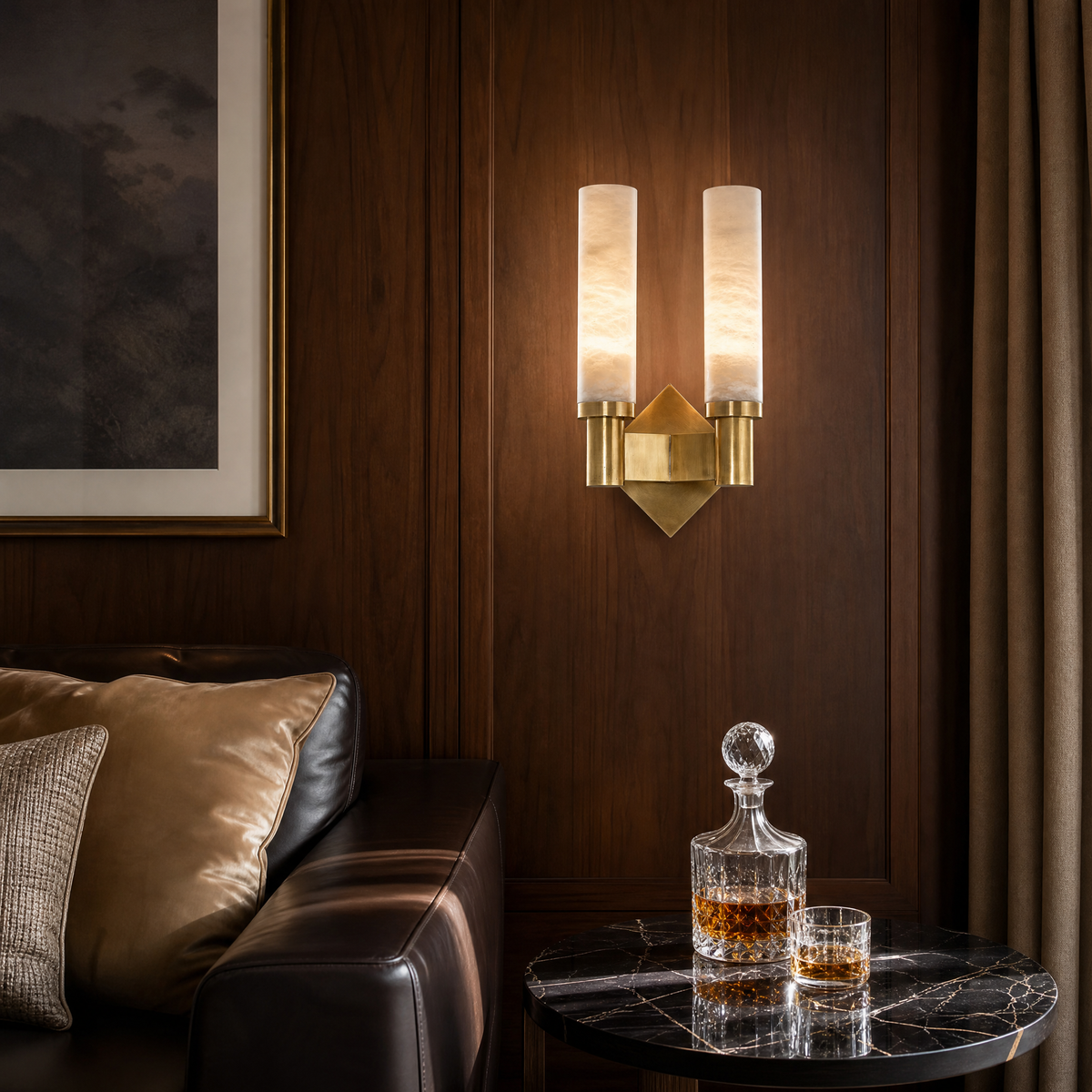 Pillar Light Twin Column Alabaster Brass Wall Sconce