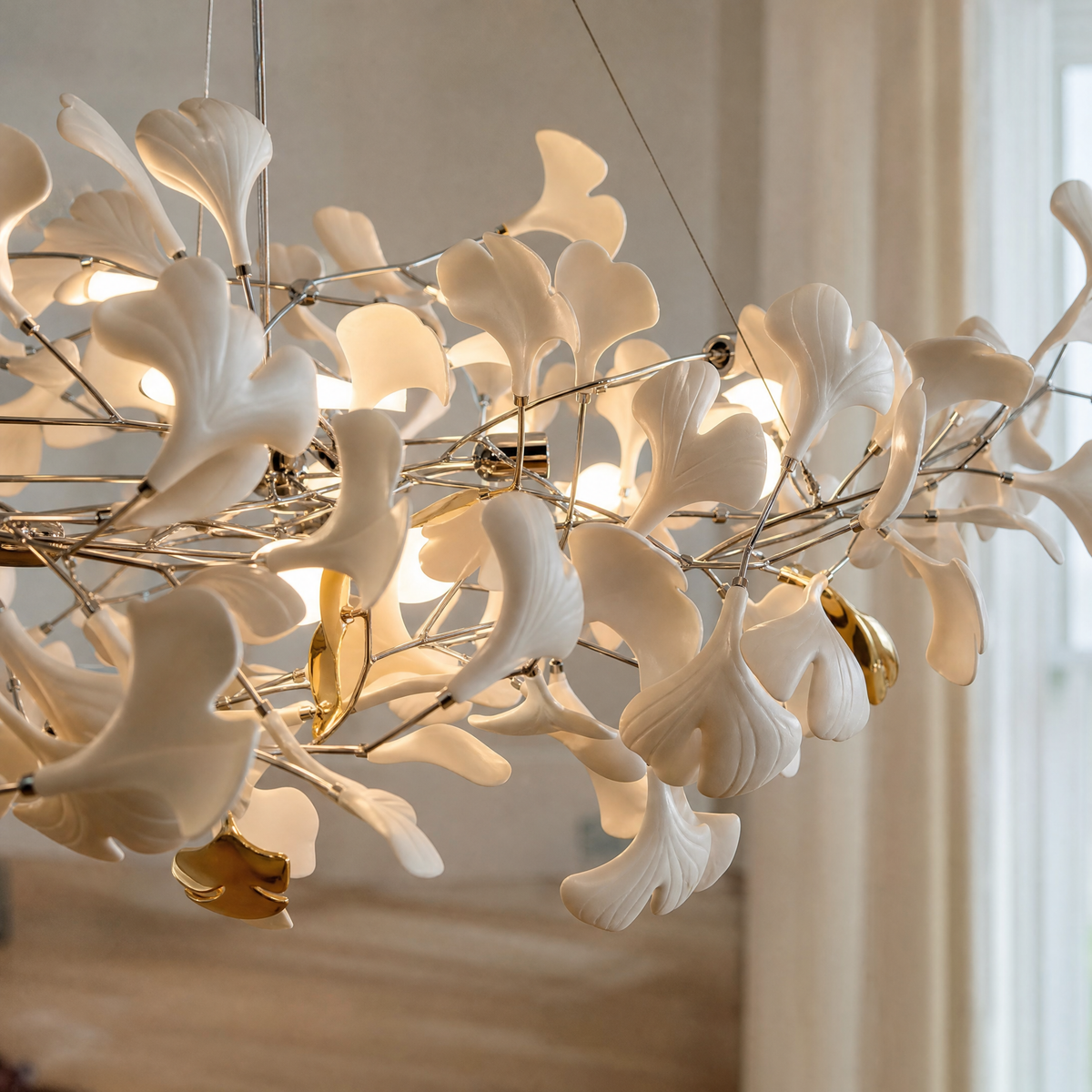 Porcelain Ginkgo Leaf Linear Dining Pendant 1500 - Silver