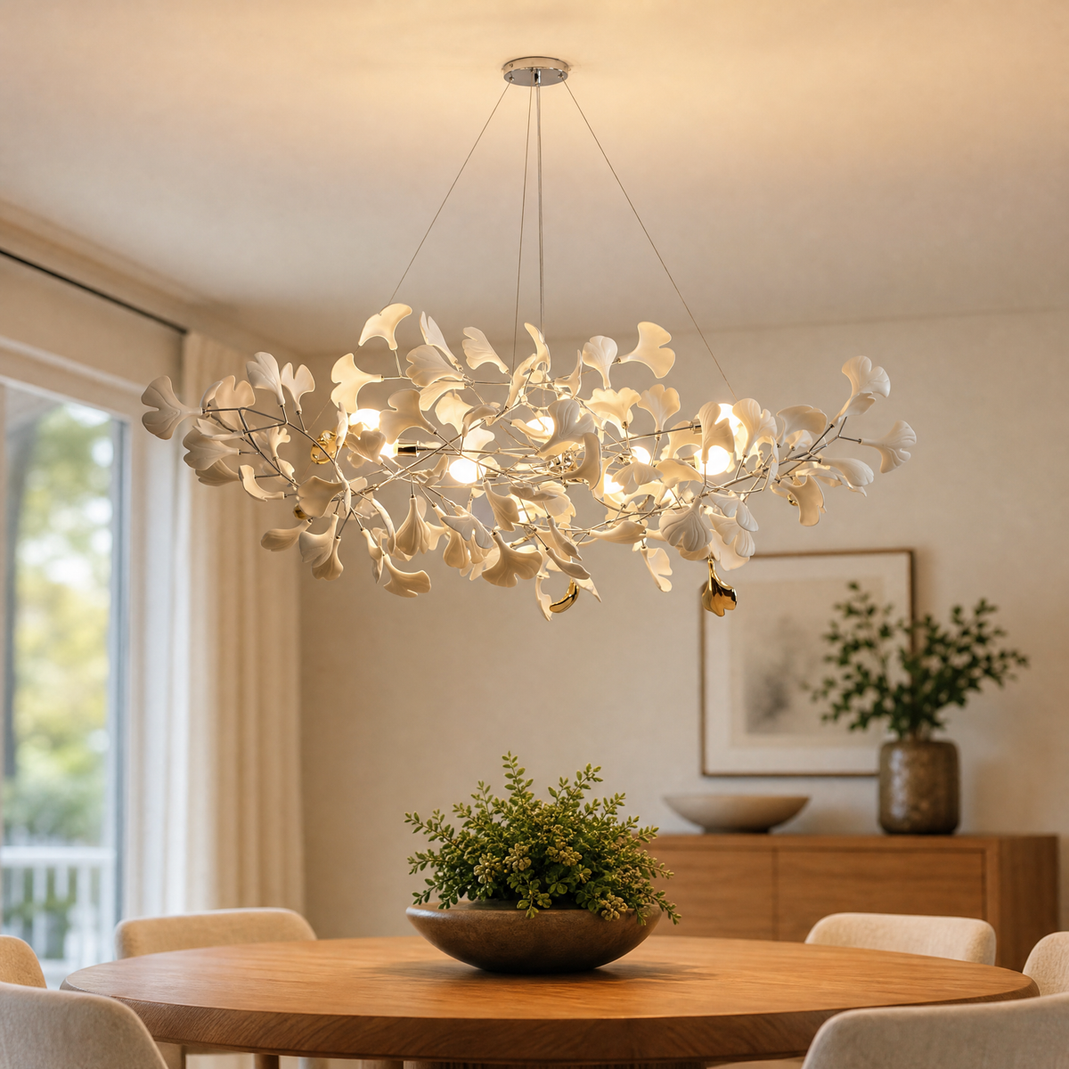 Porcelain Ginkgo Leaf Linear Dining Pendant 1500 - Silver