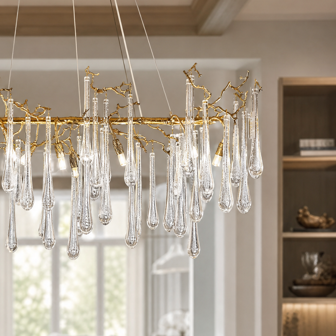 An elongated gold metal branch chandelier with hanging clear seeded glass raindrop accents in a modern dining room.