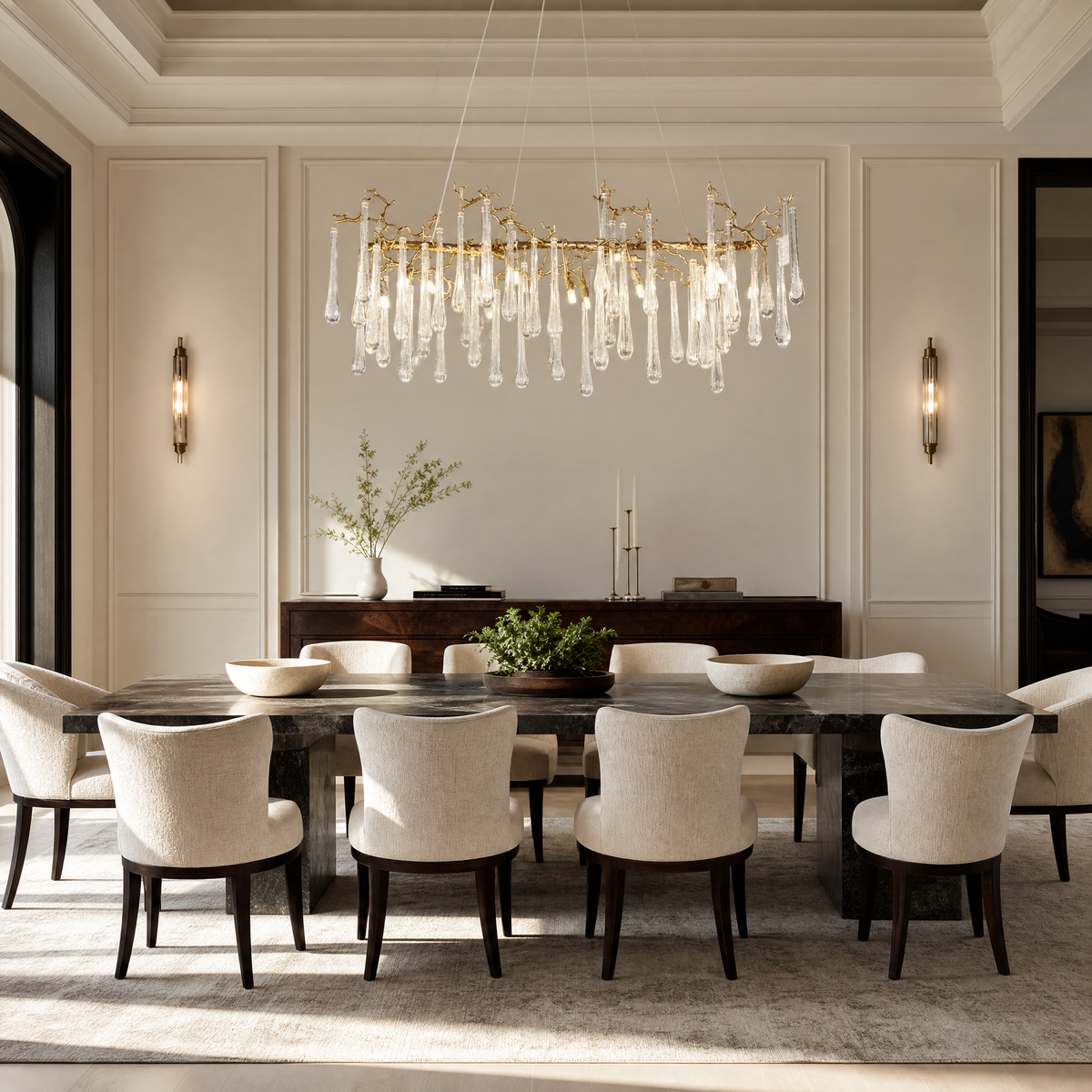 An elongated gold metal branch chandelier with hanging clear seeded glass raindrop accents in a modern dining room.