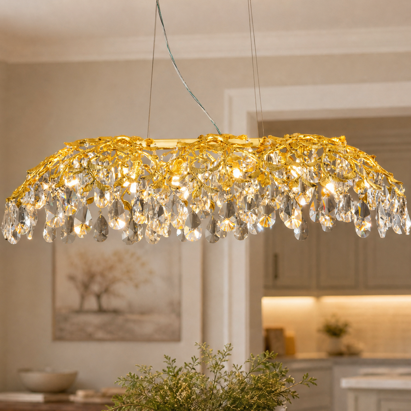 Rectangular Pear Dome Downward Branch Chandelier 1100 - Gold