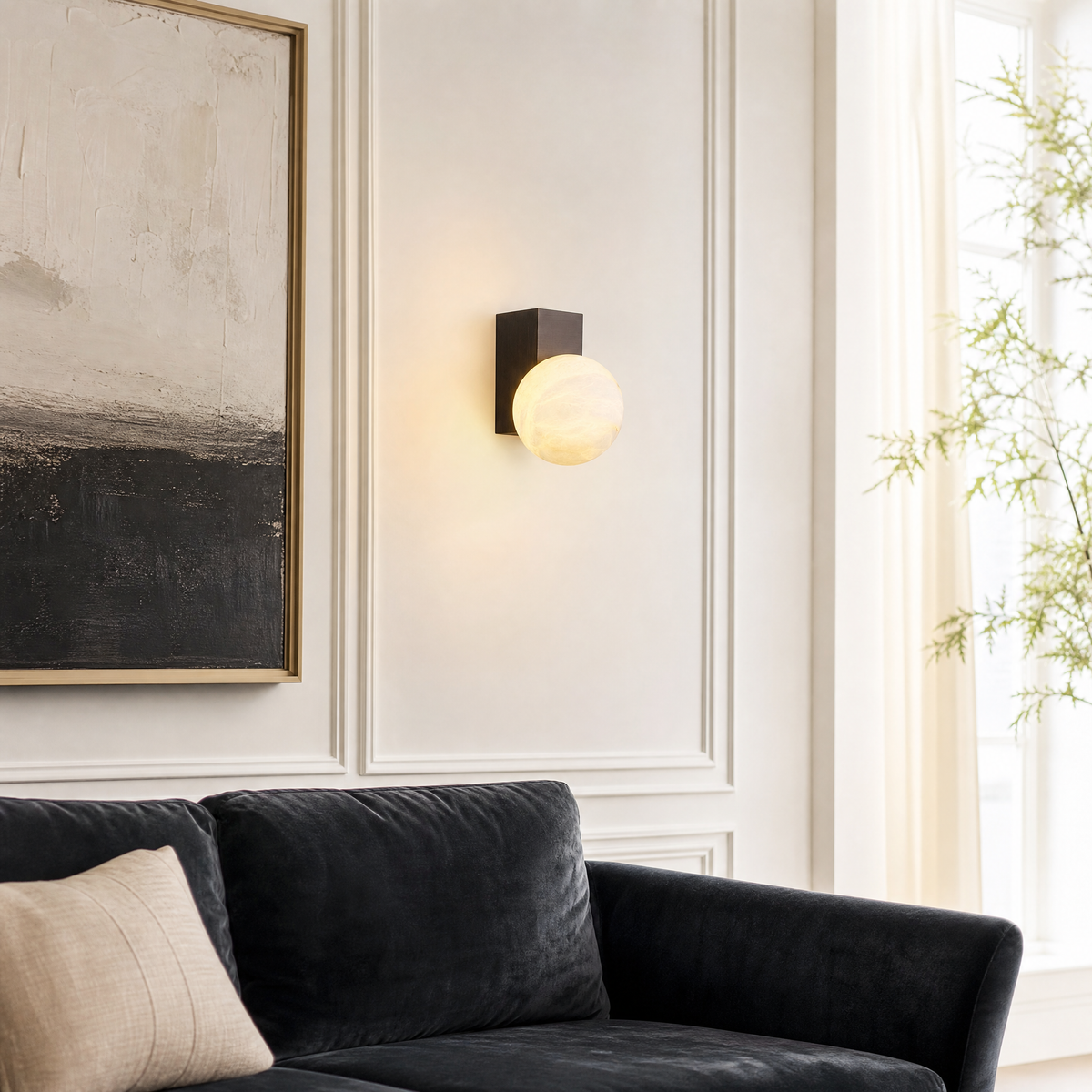 Rectangular Plate Corner Orb Alabaster Wall Sconce