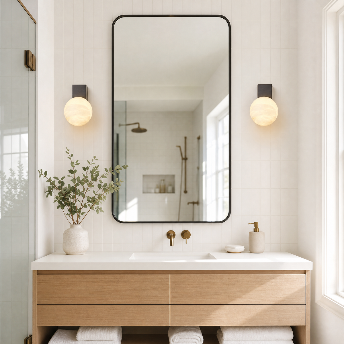 Rectangular Plate Corner Orb Alabaster Wall Sconce