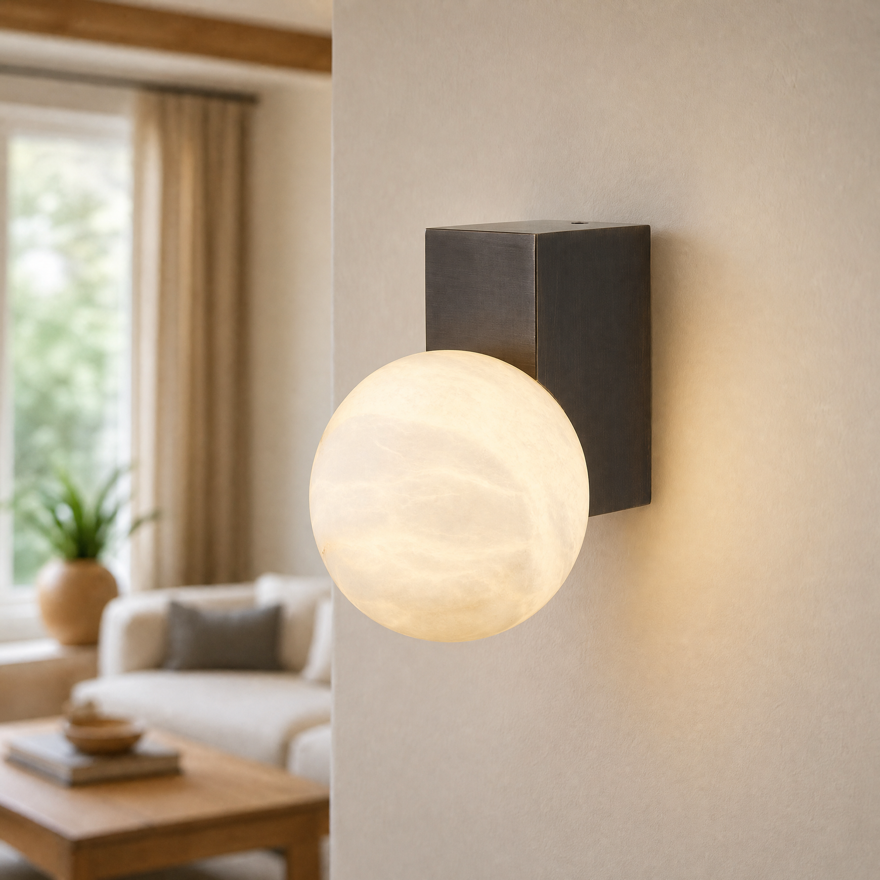 Rectangular Plate Corner Orb Alabaster Wall Sconce